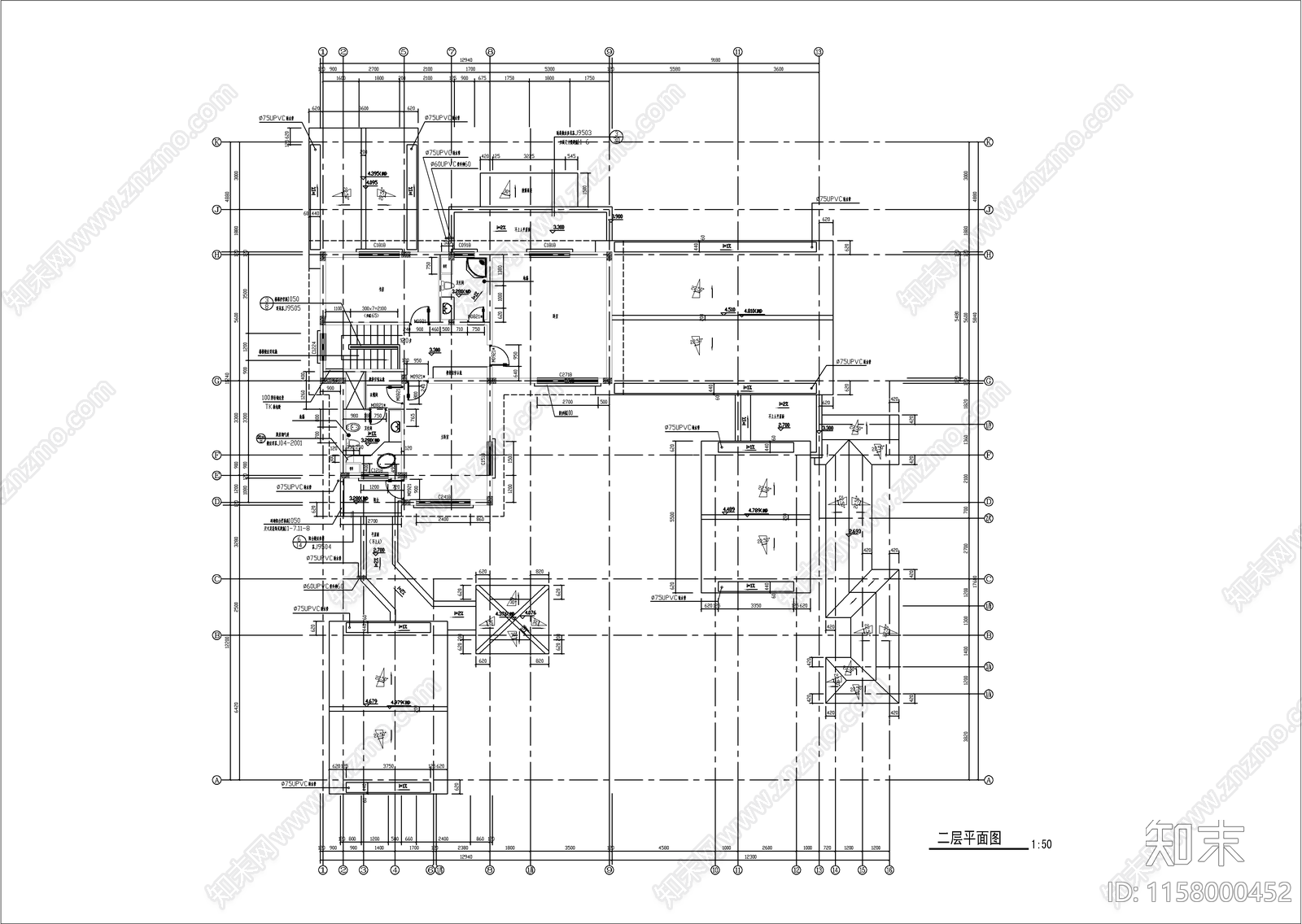 中式两层别墅建筑设计cad施工图下载【ID:1158000452】