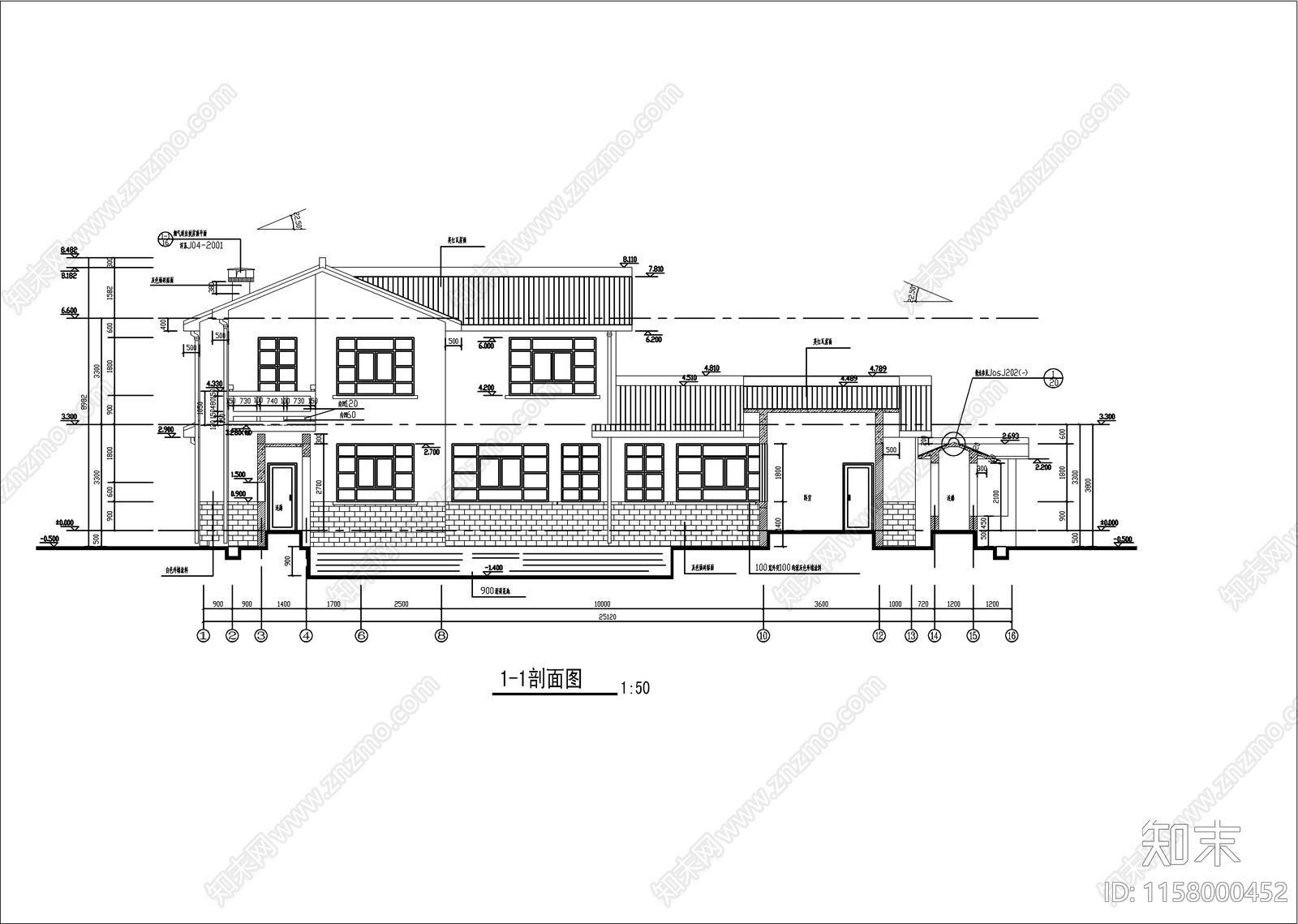 中式两层别墅建筑设计cad施工图下载【ID:1158000452】