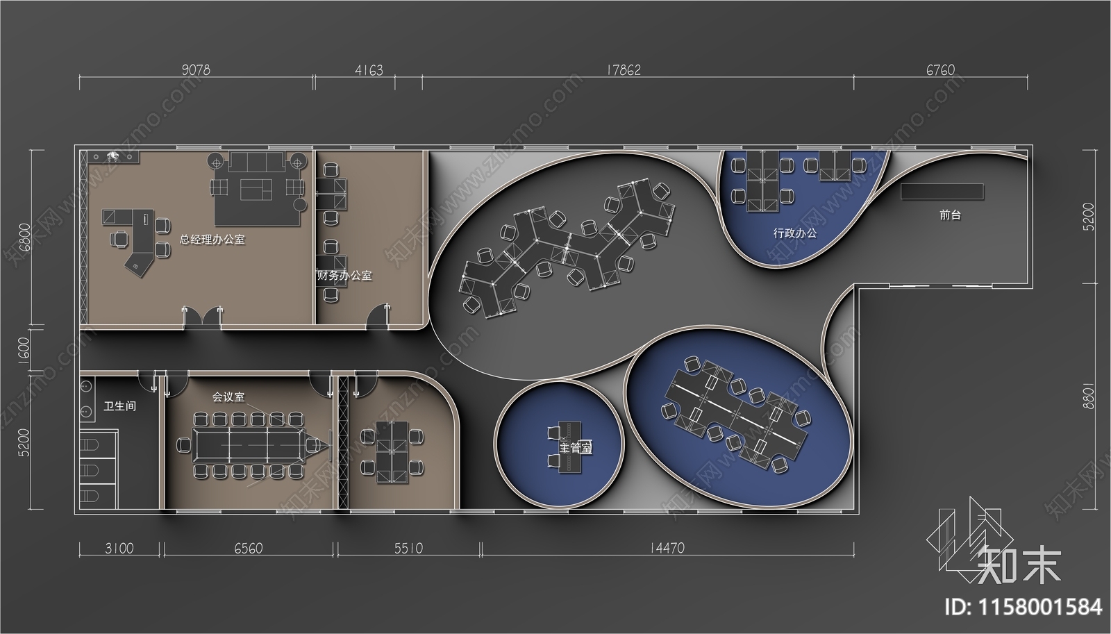 480㎡创意办公室平面布置图施工图下载【ID:1158001584】