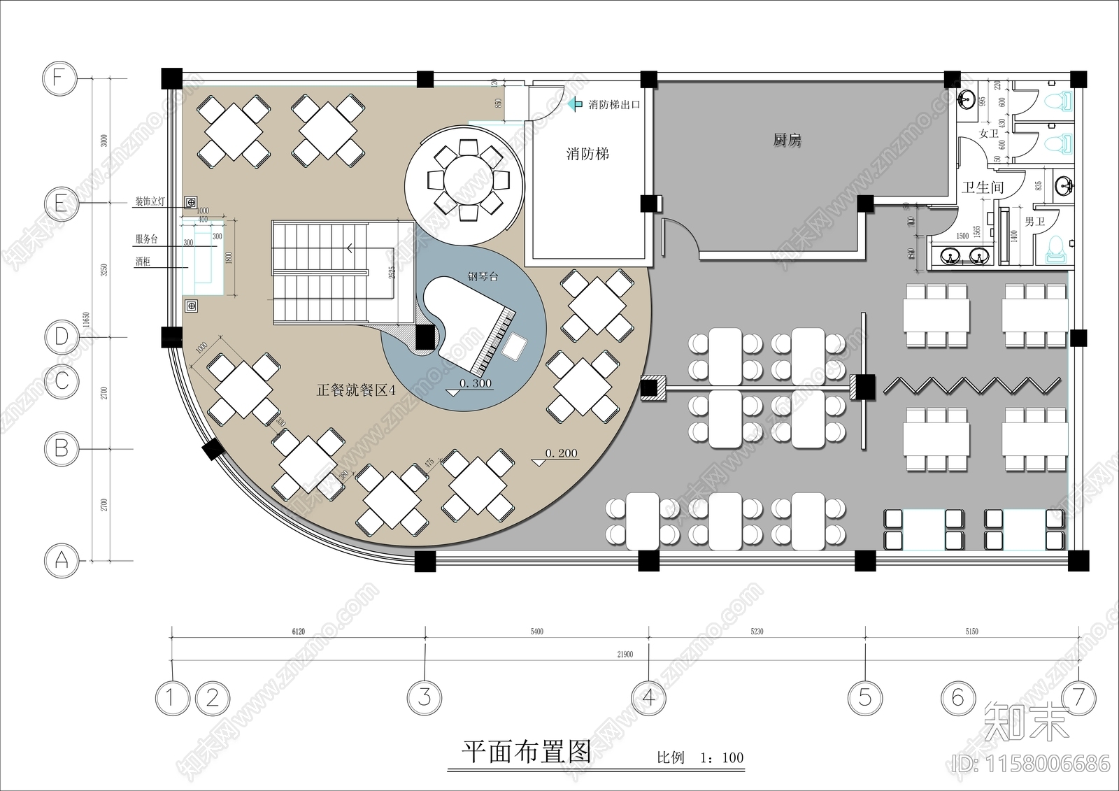 200㎡西餐厅平面布置图施工图下载【ID:1158006686】