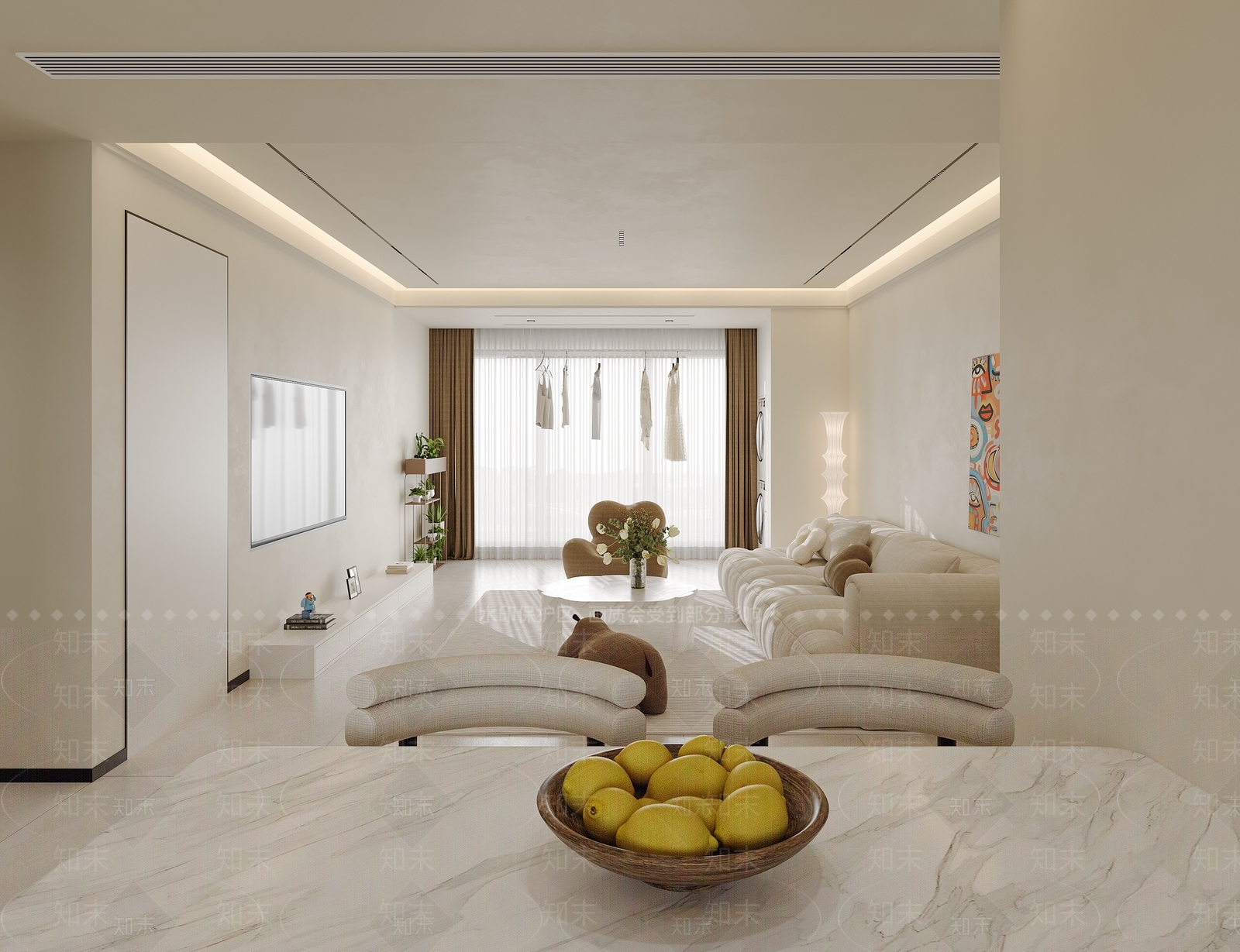 现代奶油风客餐厅3D模型下载【ID:1158007733】