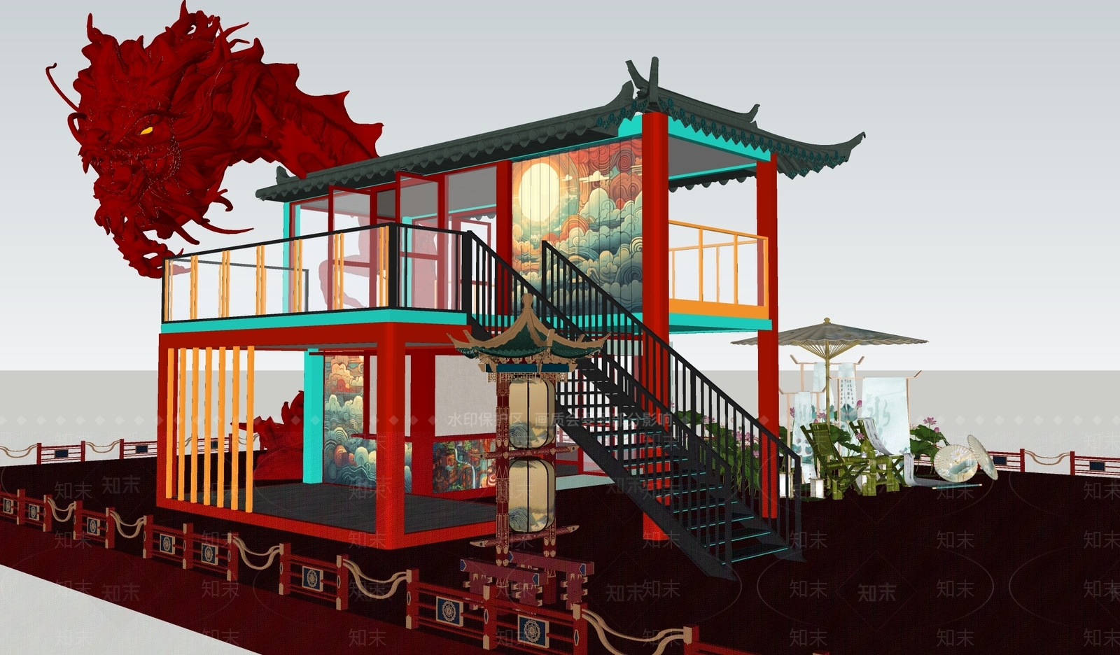 新中式餐饮建筑SU模型下载【ID:1158012045】