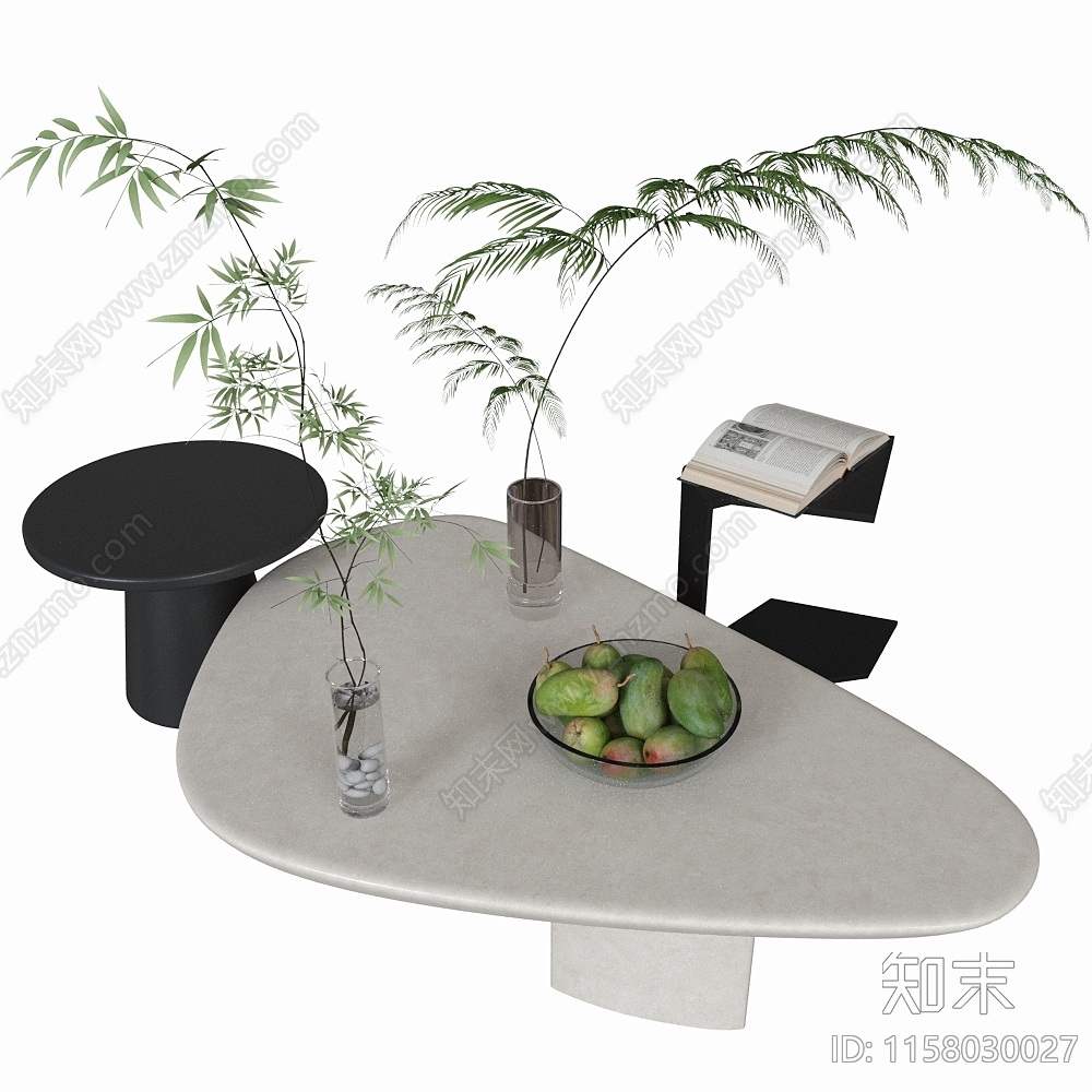 现代茶几组合绿植书本水果3D模型下载【ID:1158030027】