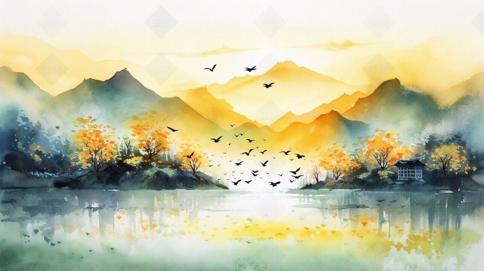 水彩水墨晕染中国秋天风景壁画贴图下载【ID:1158038231】