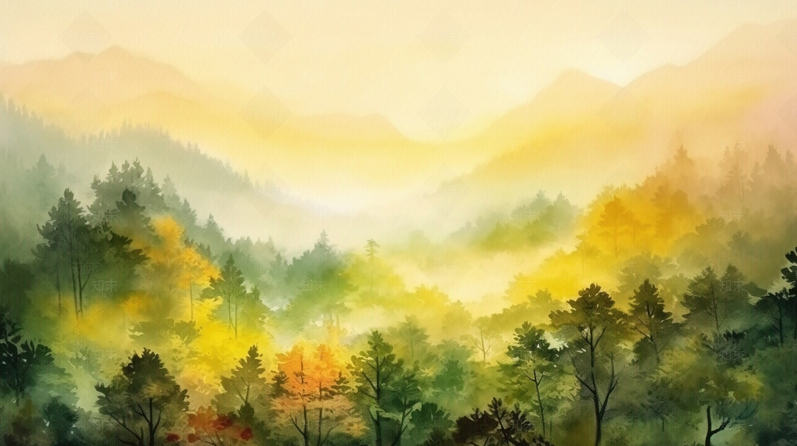 水彩水墨晕染中国秋天风景壁画贴图下载【ID:1158038456】