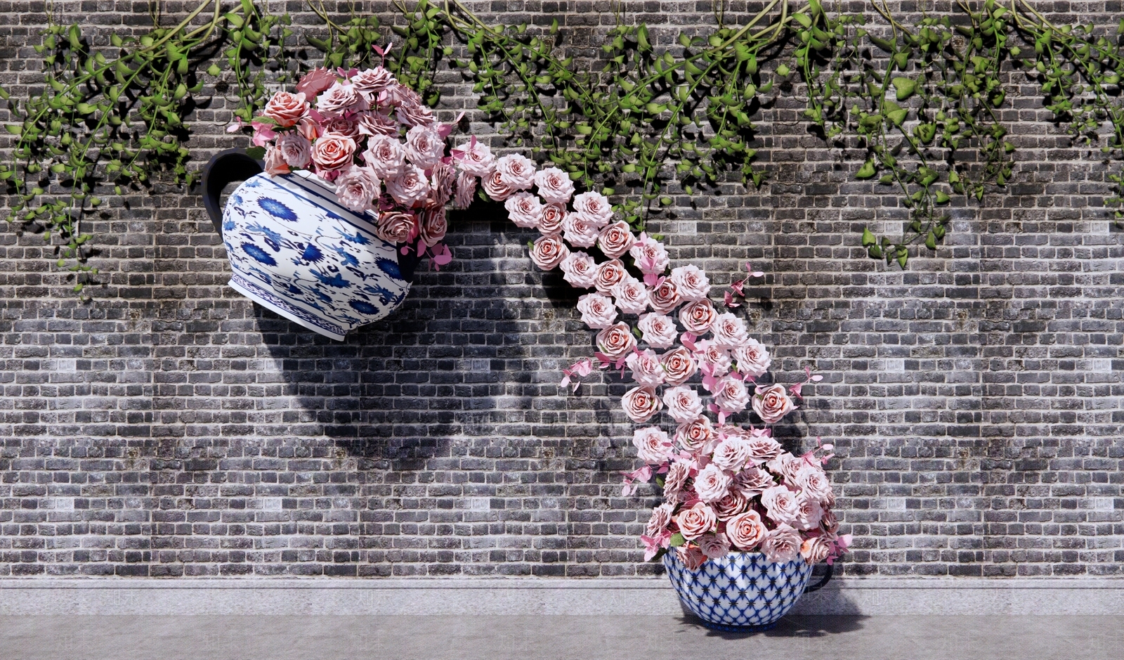 新中式粉色玫瑰花艺瀑布婚礼美陈SU模型下载【ID:1158041472】