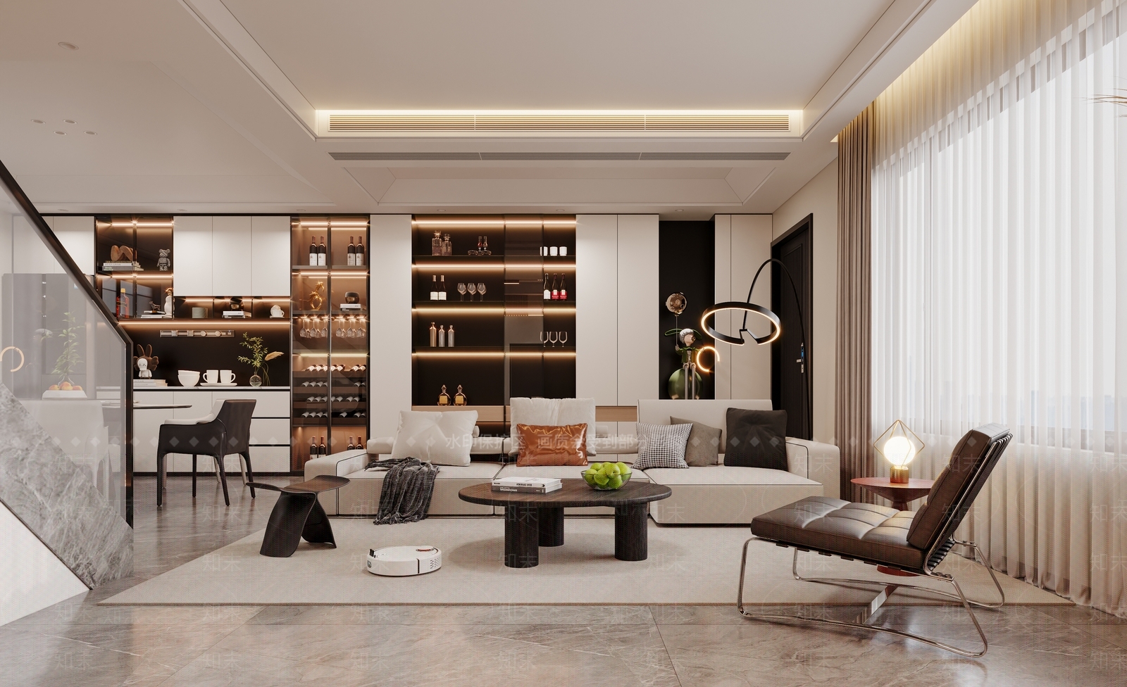 现代黑白灰客餐厅沙发茶几摆件3D模型下载【ID:1158042865】