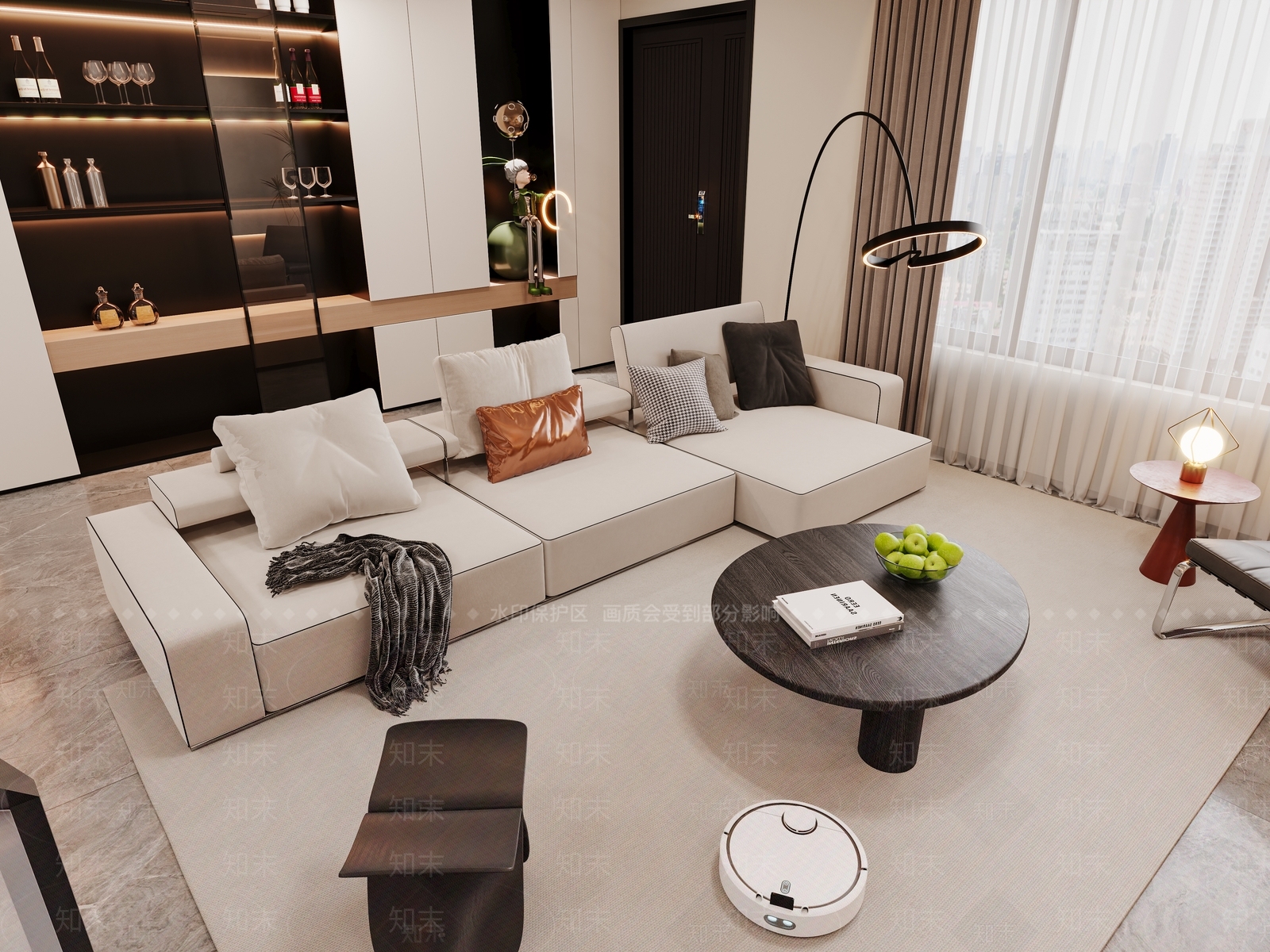 现代黑白灰客餐厅沙发茶几摆件3D模型下载【ID:1158042865】