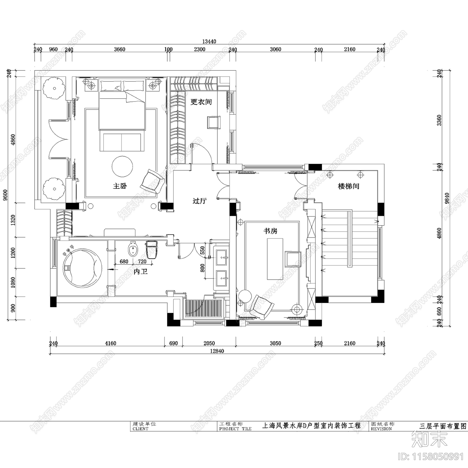 上海保亿风景水岸D户型双拼三层别墅室内家装CA施工图下载【ID:1158050991】