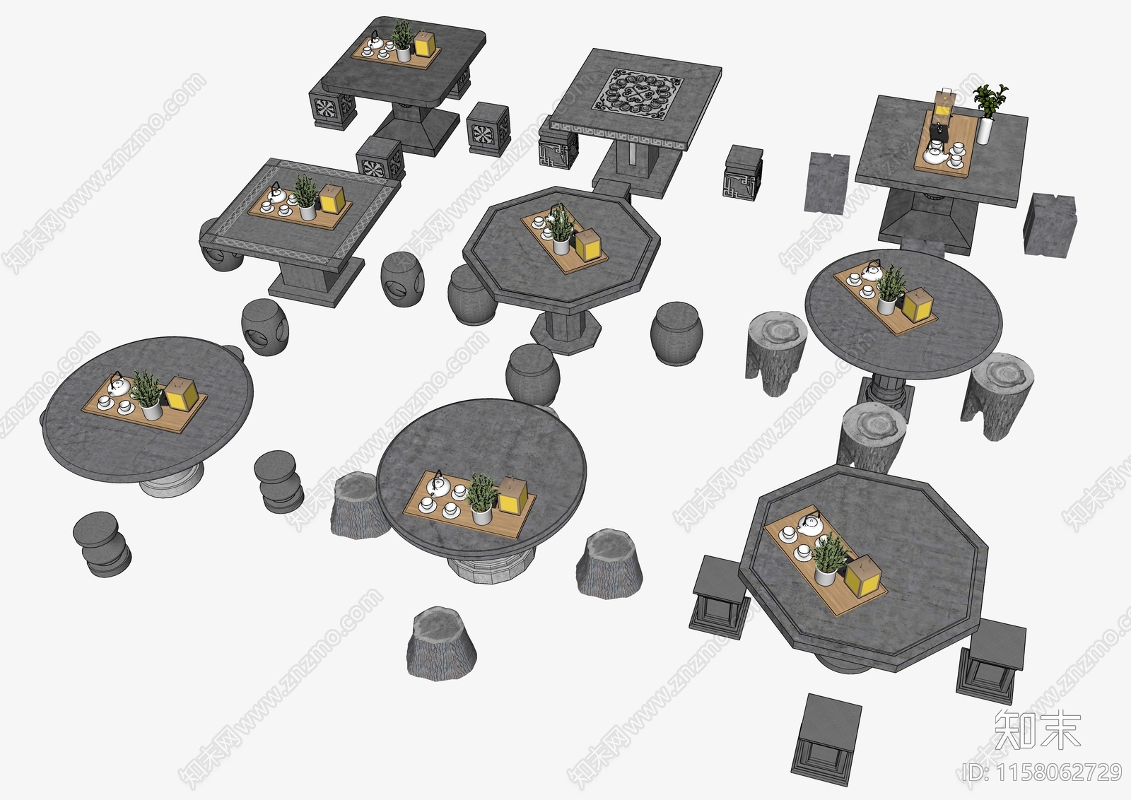 中式石头桌椅SU模型下载【ID:1158062729】