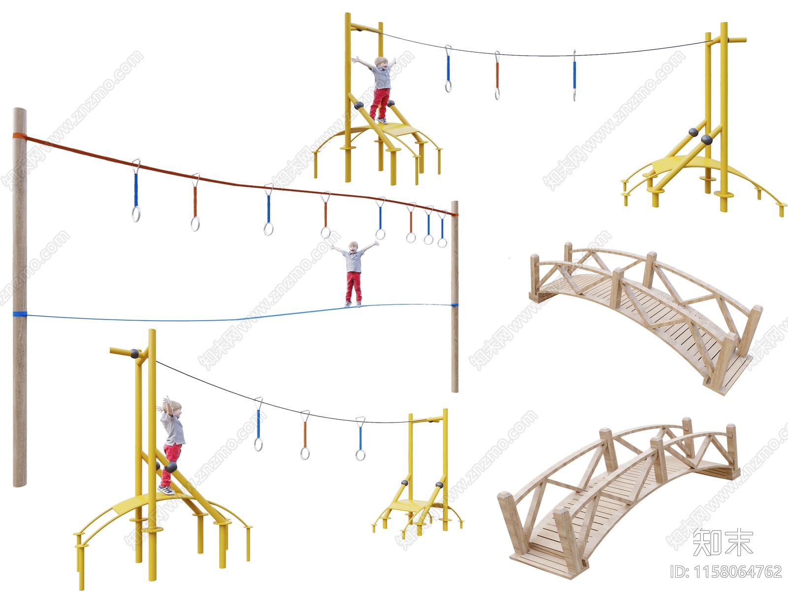 幼儿滑索拱形桥幼儿平衡木组合3D模型下载【ID:1158064762】