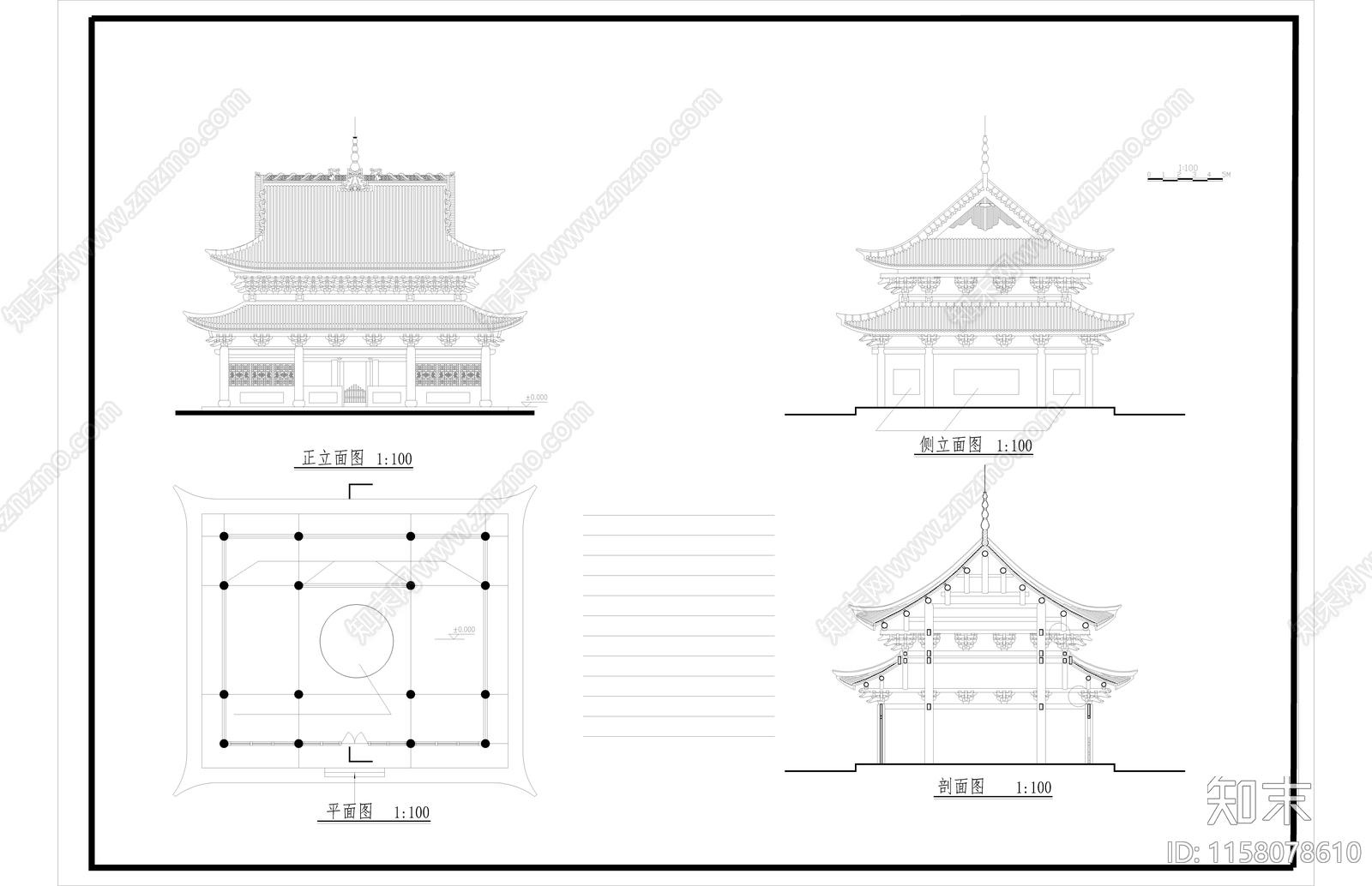 寺庙古建筑设计方案图cad施工图下载【ID:1158078610】