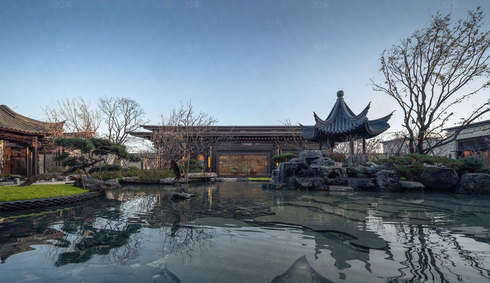 新中式园林景观中式建筑叠水夜景窗外景贴图下载【ID:1158082012】