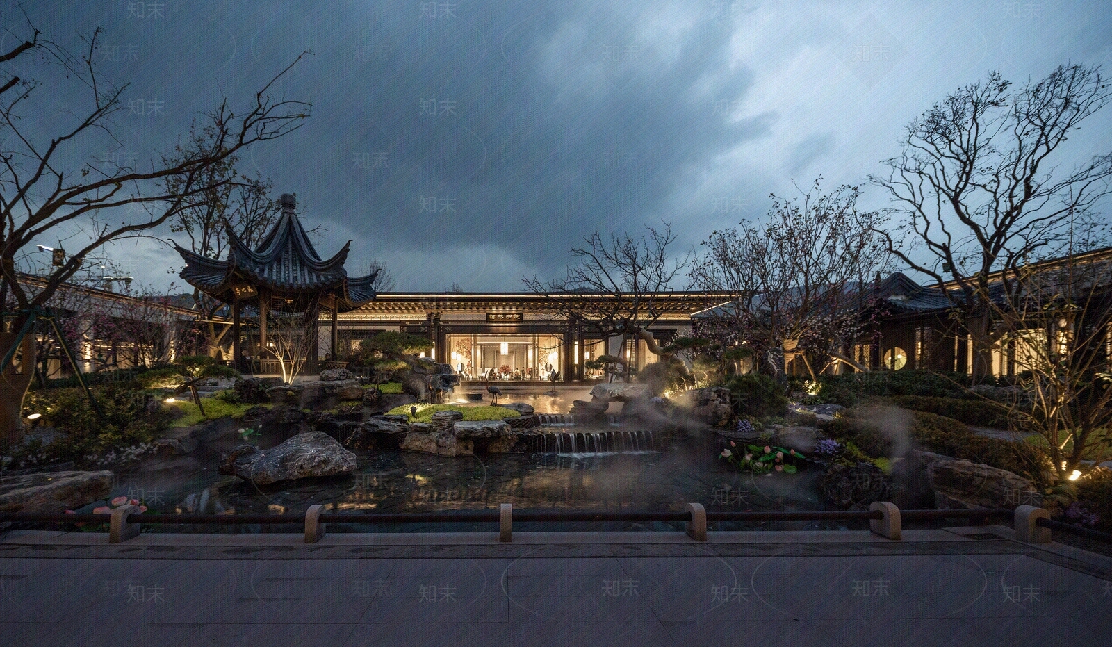 新中式园林景观中式建筑叠水亭子夜景窗外景贴图下载【ID:1158082213】