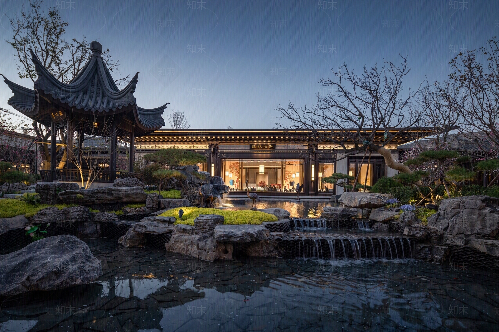 新中式园林景观中式建筑叠水亭子假山石夜景窗外景贴图下载【ID:1158082288】