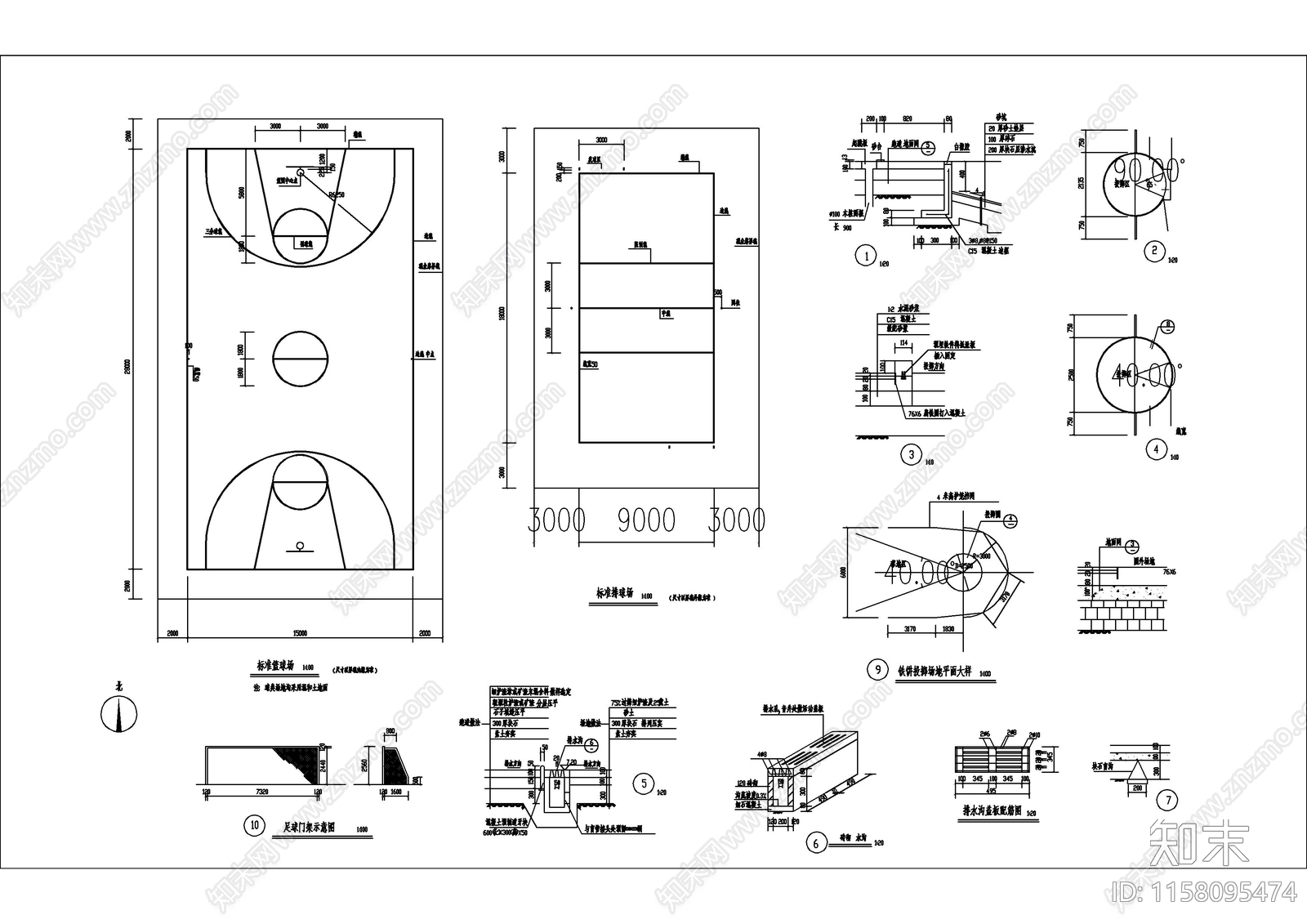 标准排球cad施工图下载【ID:1158095474】