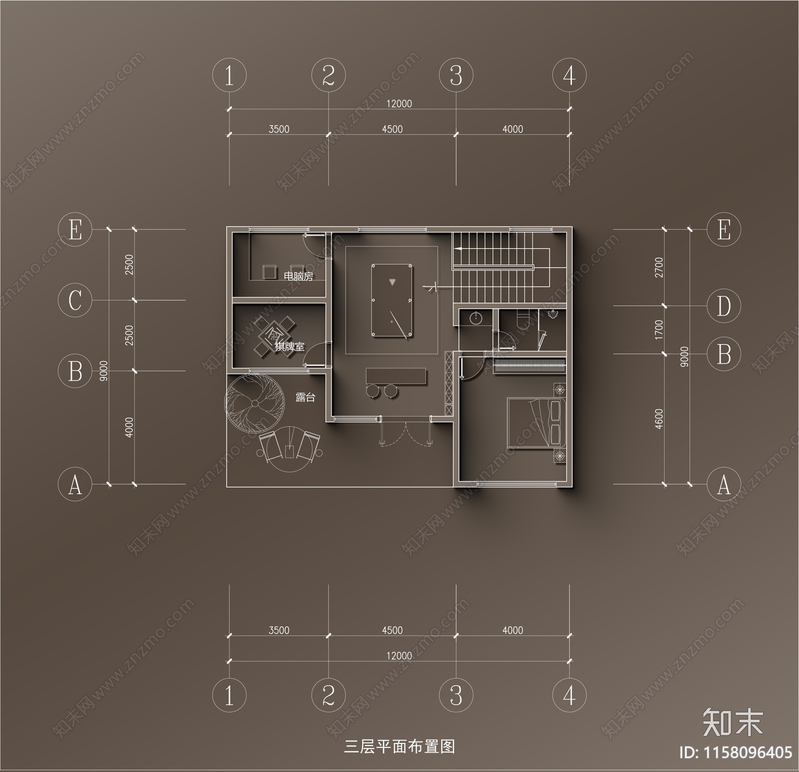 12×9三层带堂屋自建房平面布置图cad施工图下载【ID:1158096405】