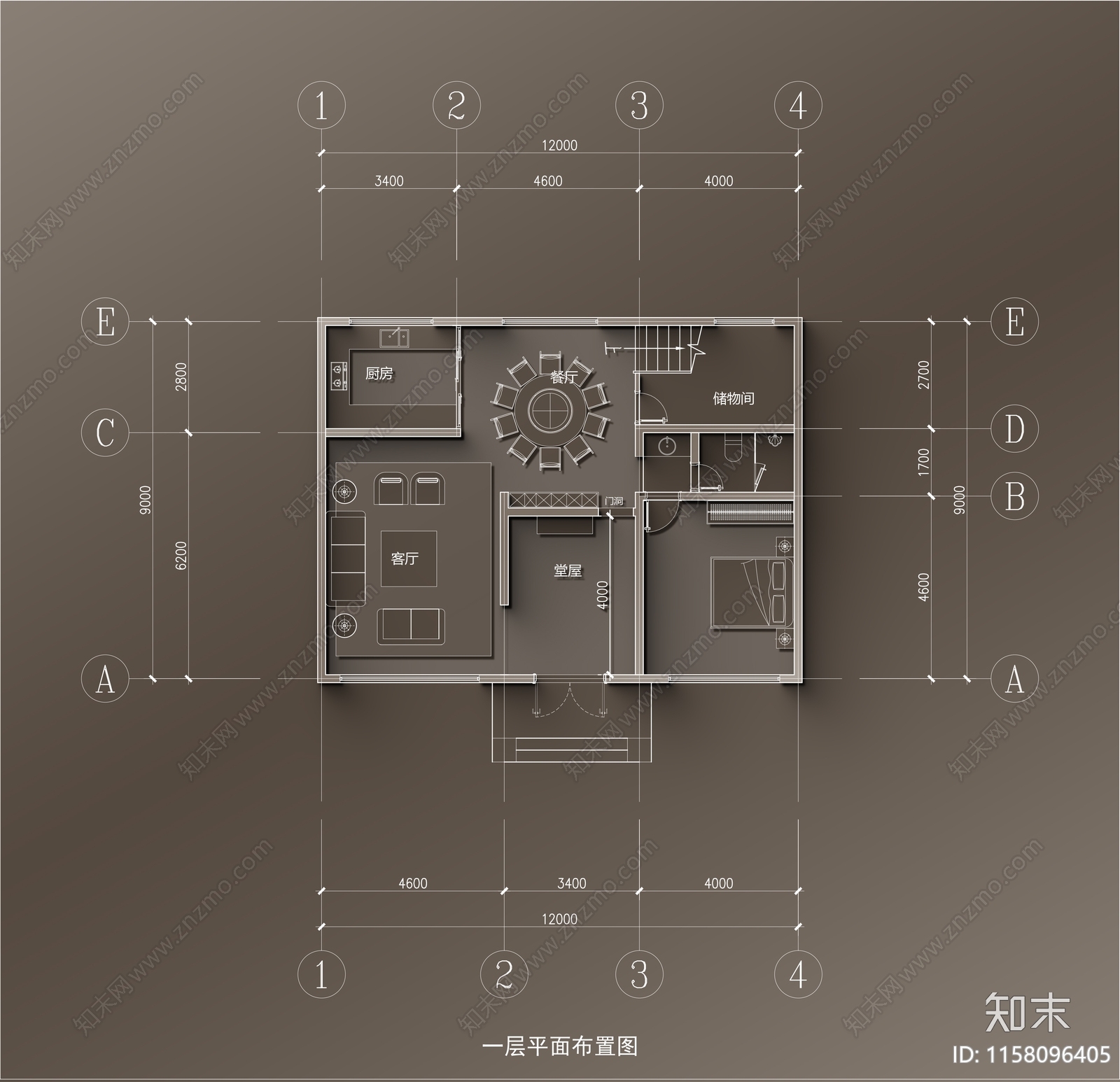 12×9三层带堂屋自建房平面布置图cad施工图下载【ID:1158096405】