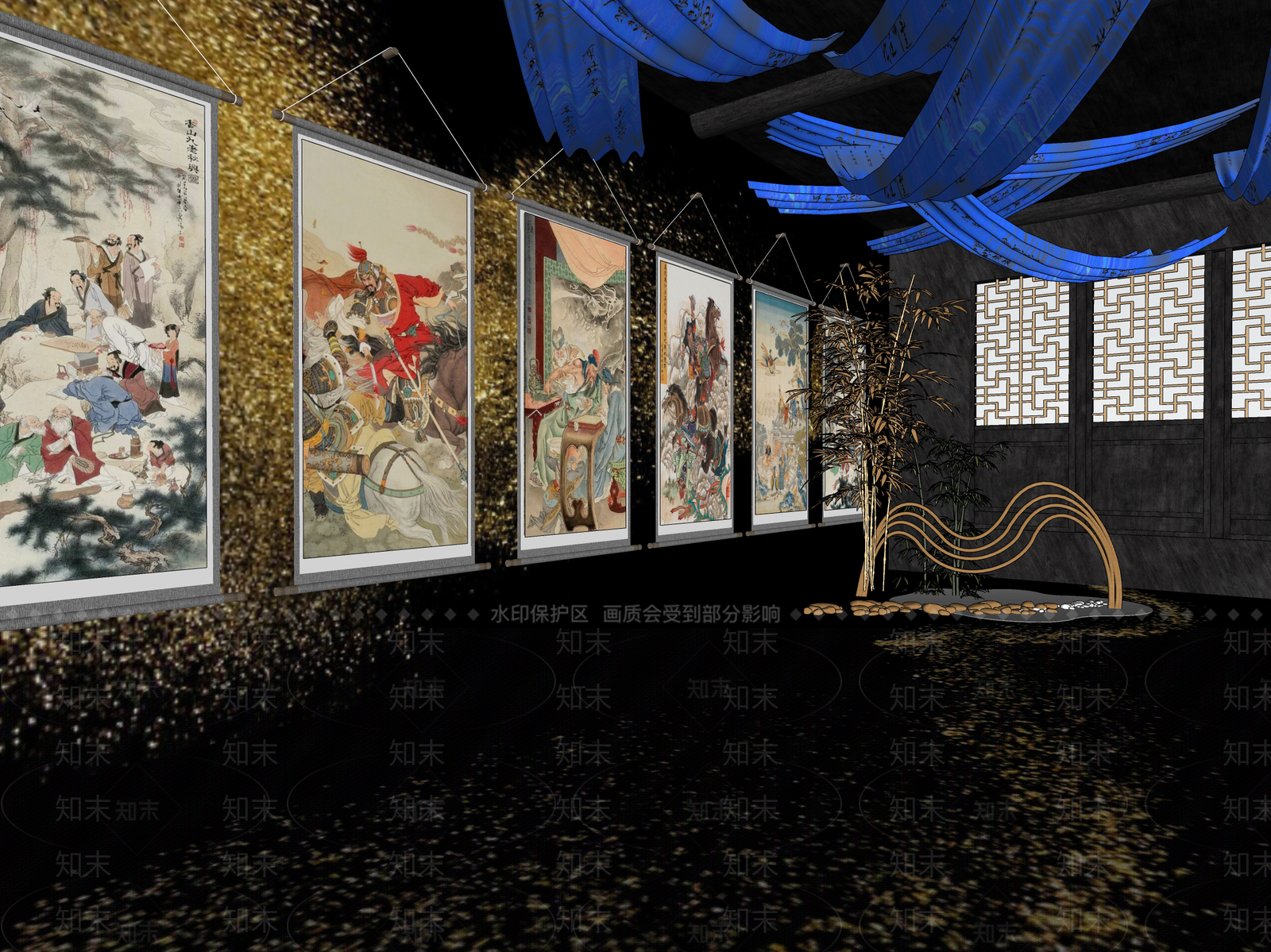 新中式古风书画国画展厅SU模型下载【ID:1158096975】