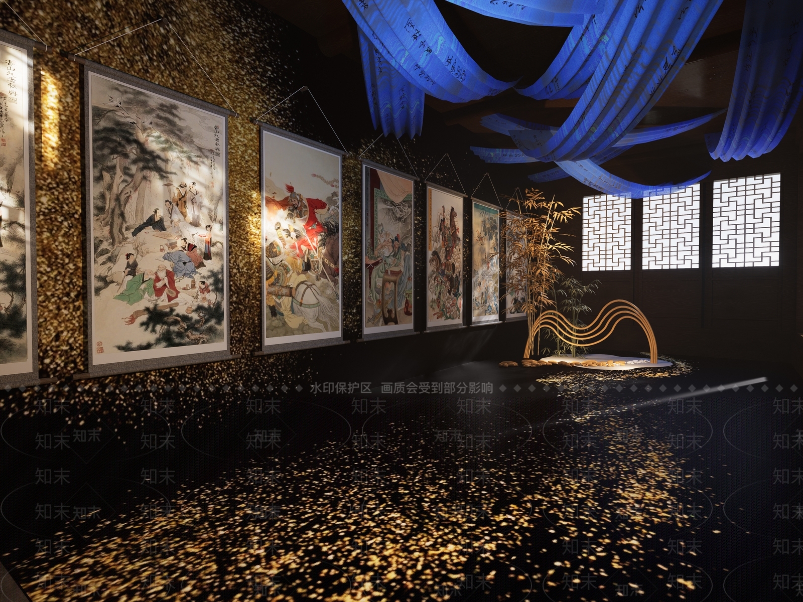 新中式古风书画国画展厅SU模型下载【ID:1158096975】