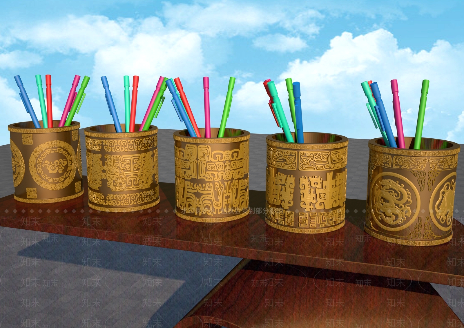 现代艺术浮雕花纹笔筒雕塑3D模型下载【ID:1158100784】