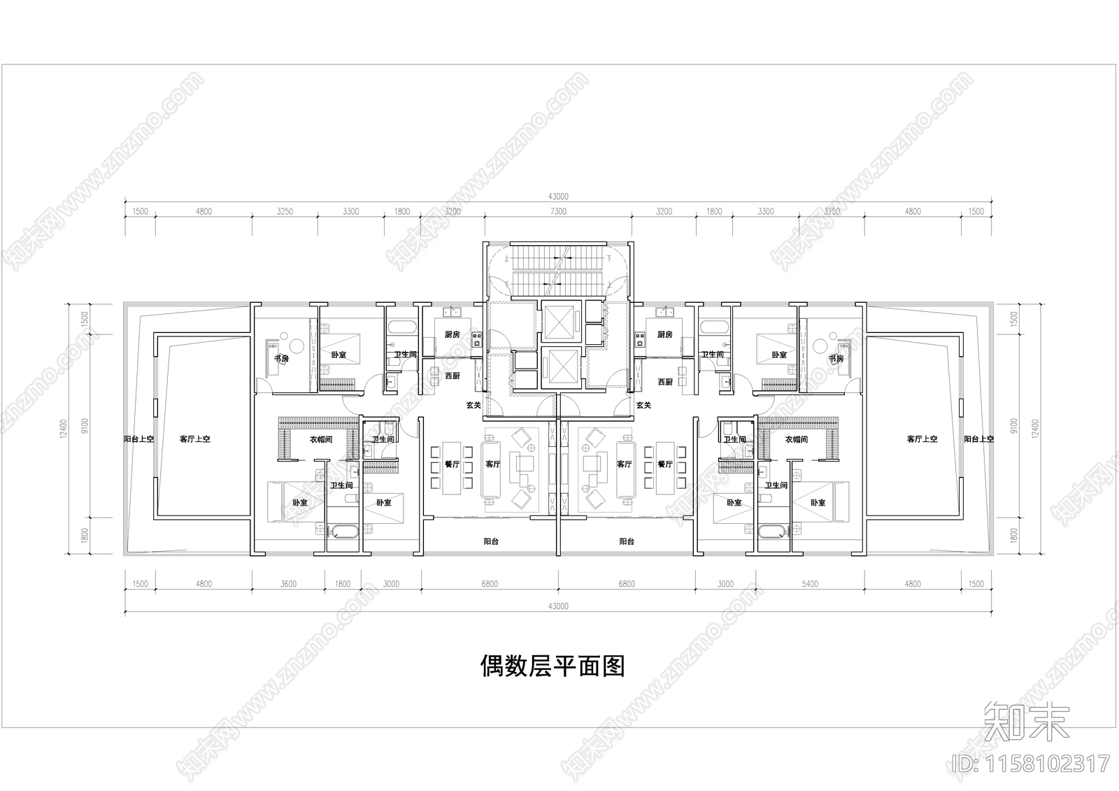 第四代住宅复式平面图cad施工图下载【ID:1158102317】