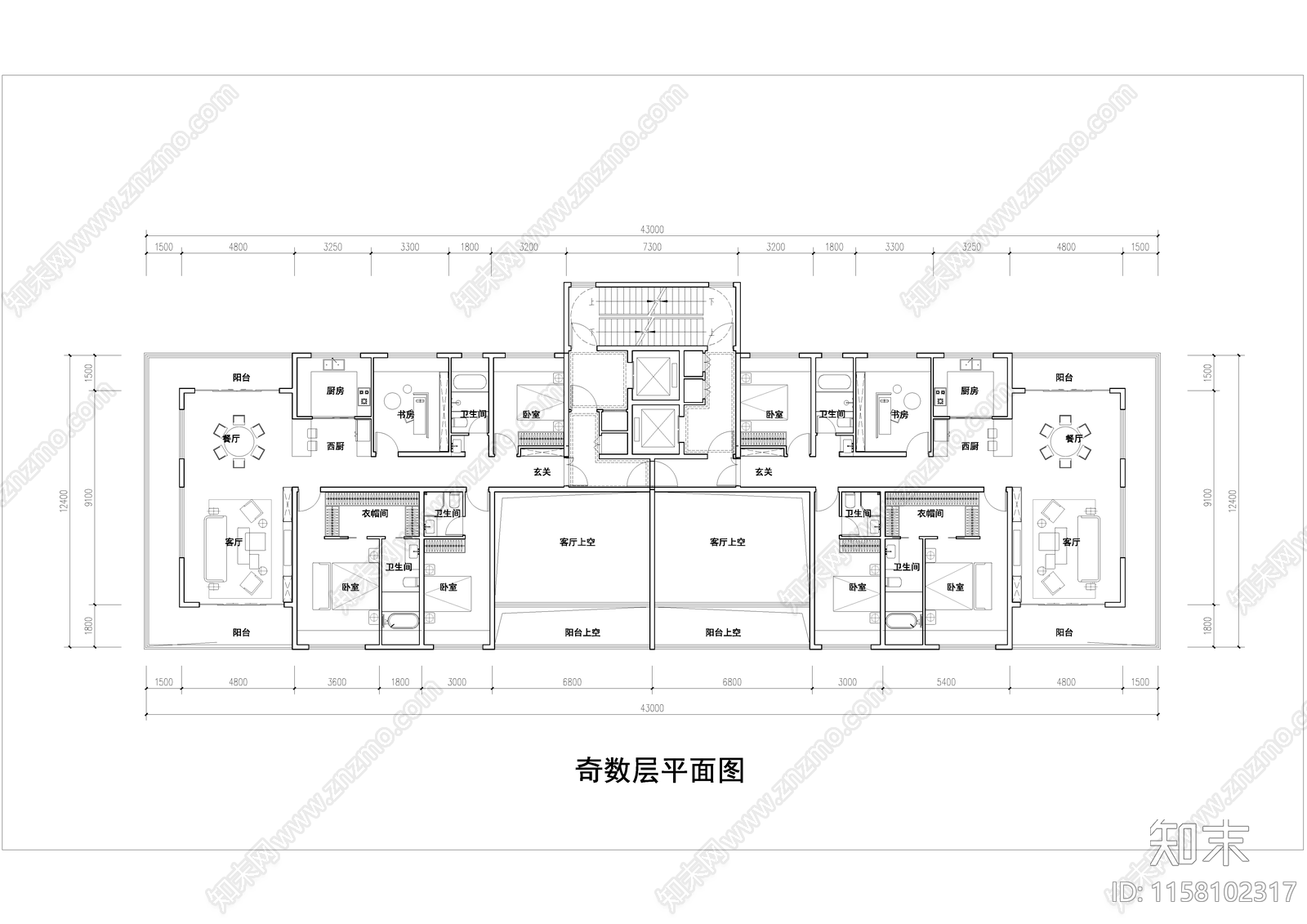 第四代住宅复式平面图cad施工图下载【ID:1158102317】