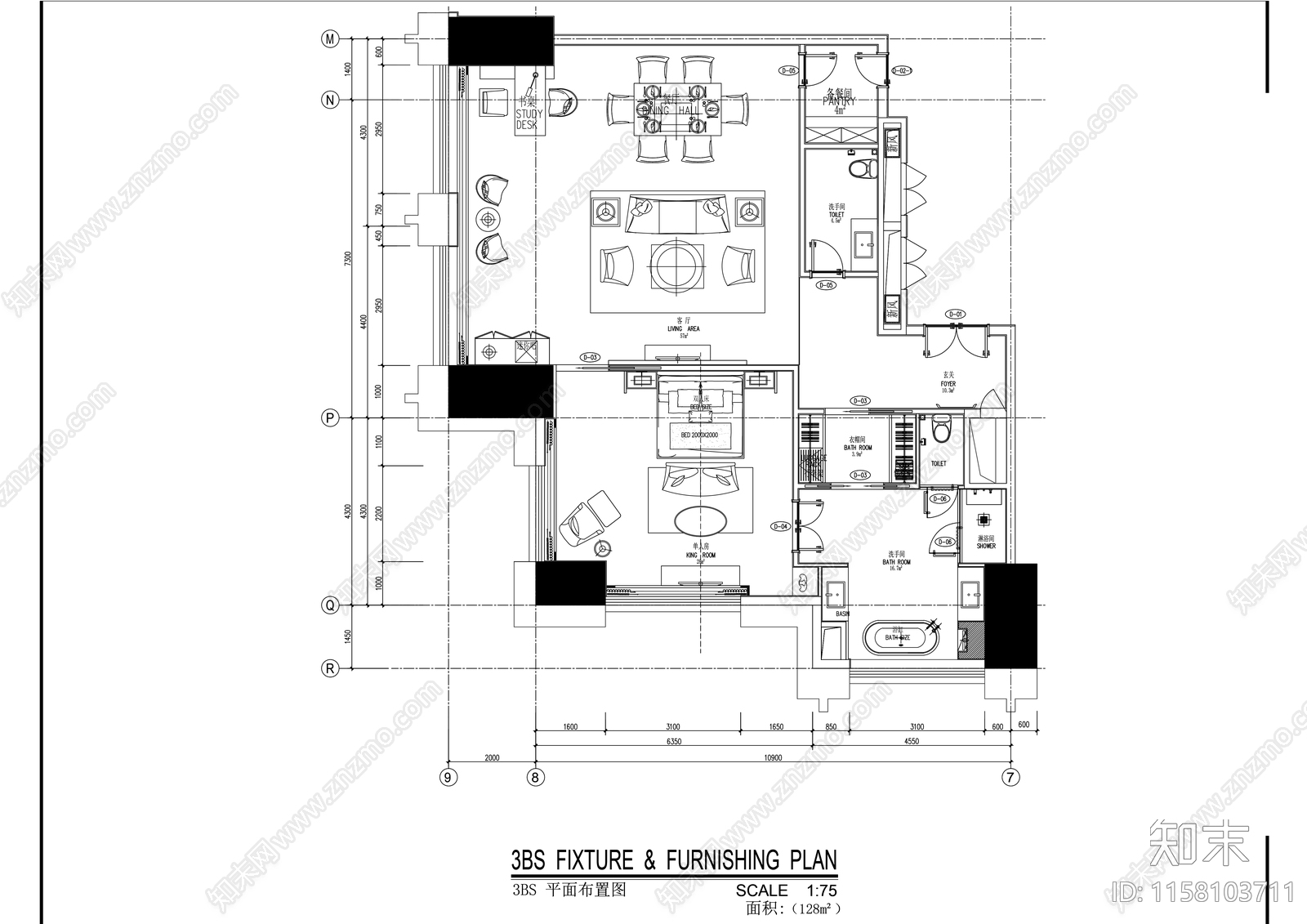 希尔顿酒店豪华家庭套间室内精装修施工图下载【ID:1158103711】