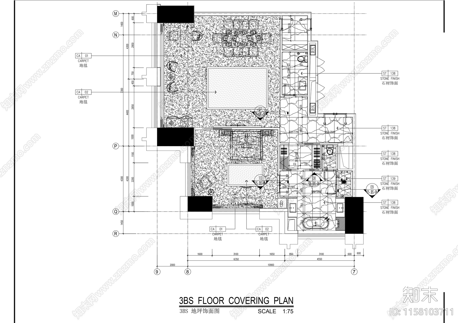 希尔顿酒店豪华家庭套间室内精装修施工图下载【ID:1158103711】