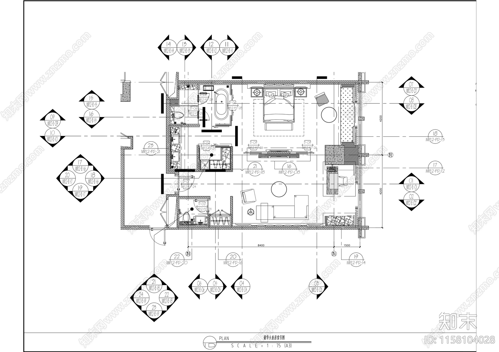 星级酒店豪华大套房室内精装修施工图下载【ID:1158104028】