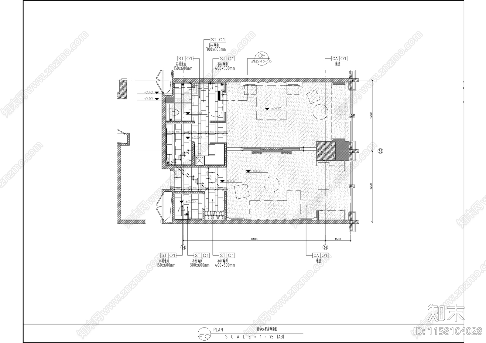 星级酒店豪华大套房室内精装修施工图下载【ID:1158104028】