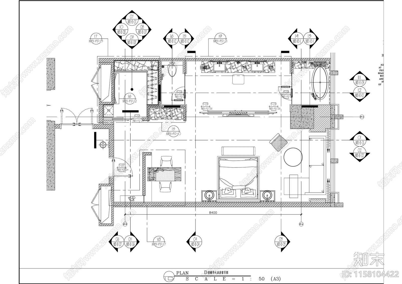 精品酒店豪华大床房室内精装修cad施工图下载【ID:1158104422】