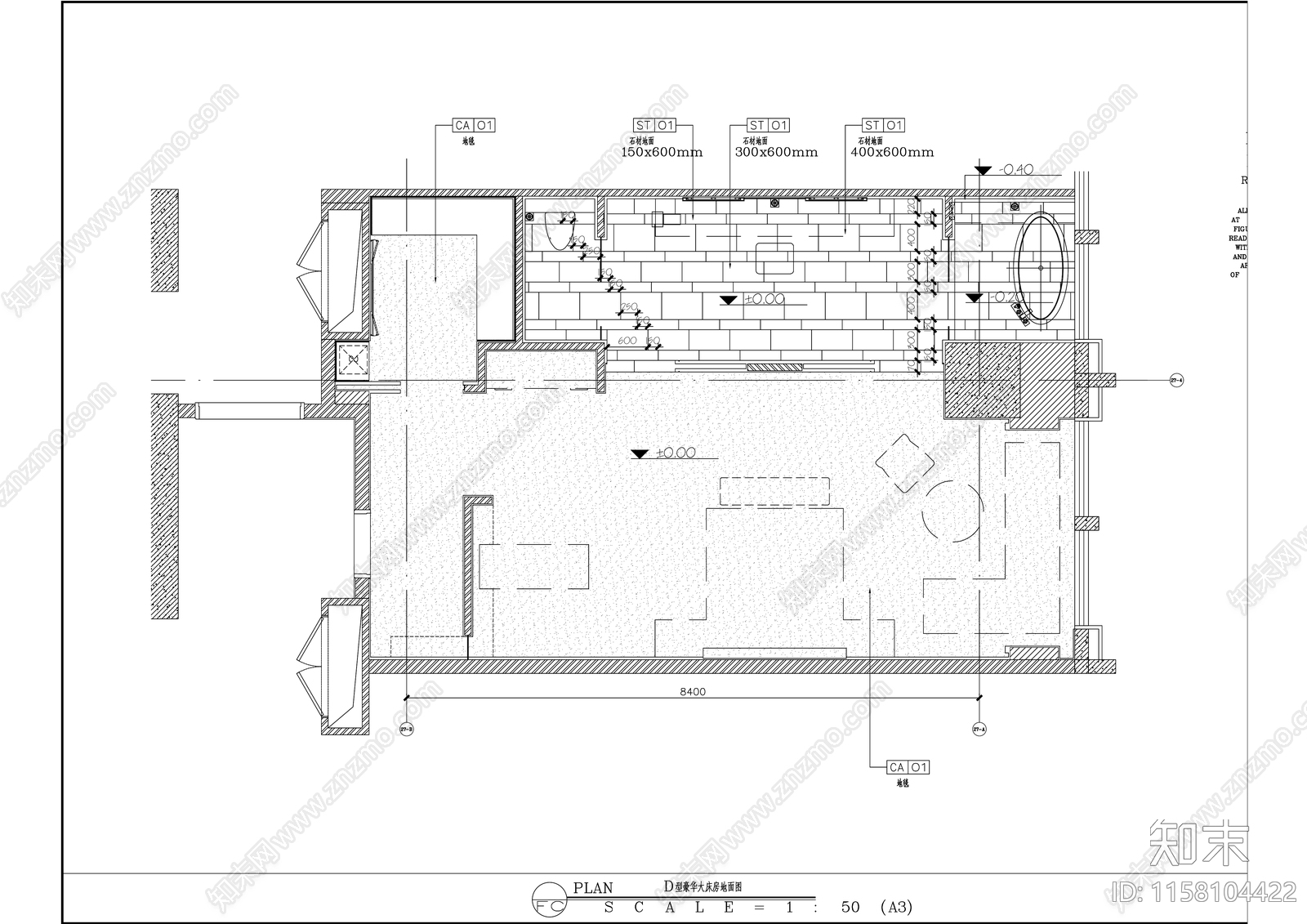 精品酒店豪华大床房室内精装修cad施工图下载【ID:1158104422】