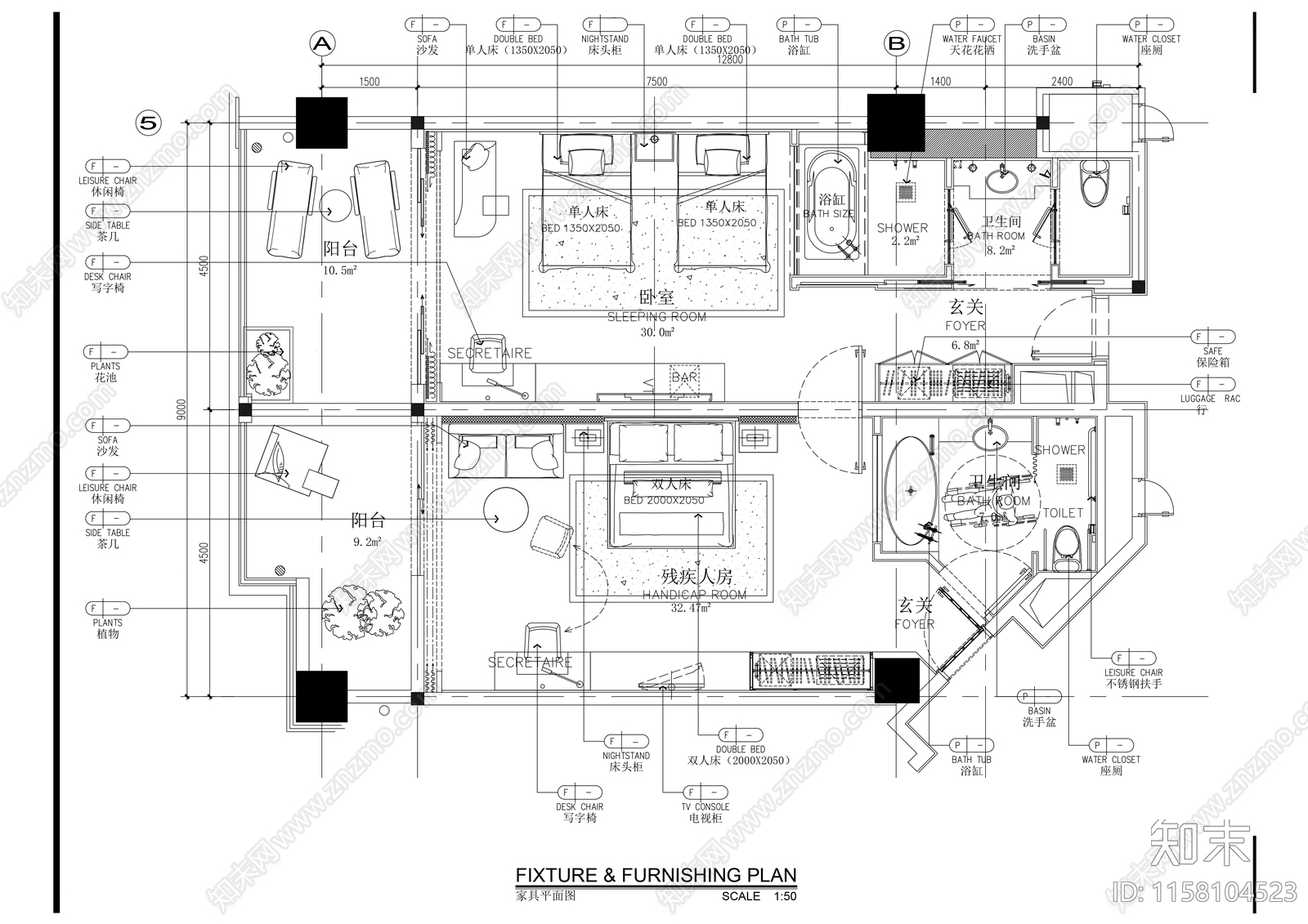 精品酒店大床房标准间双人床室内精装修cad施工图下载【ID:1158104523】