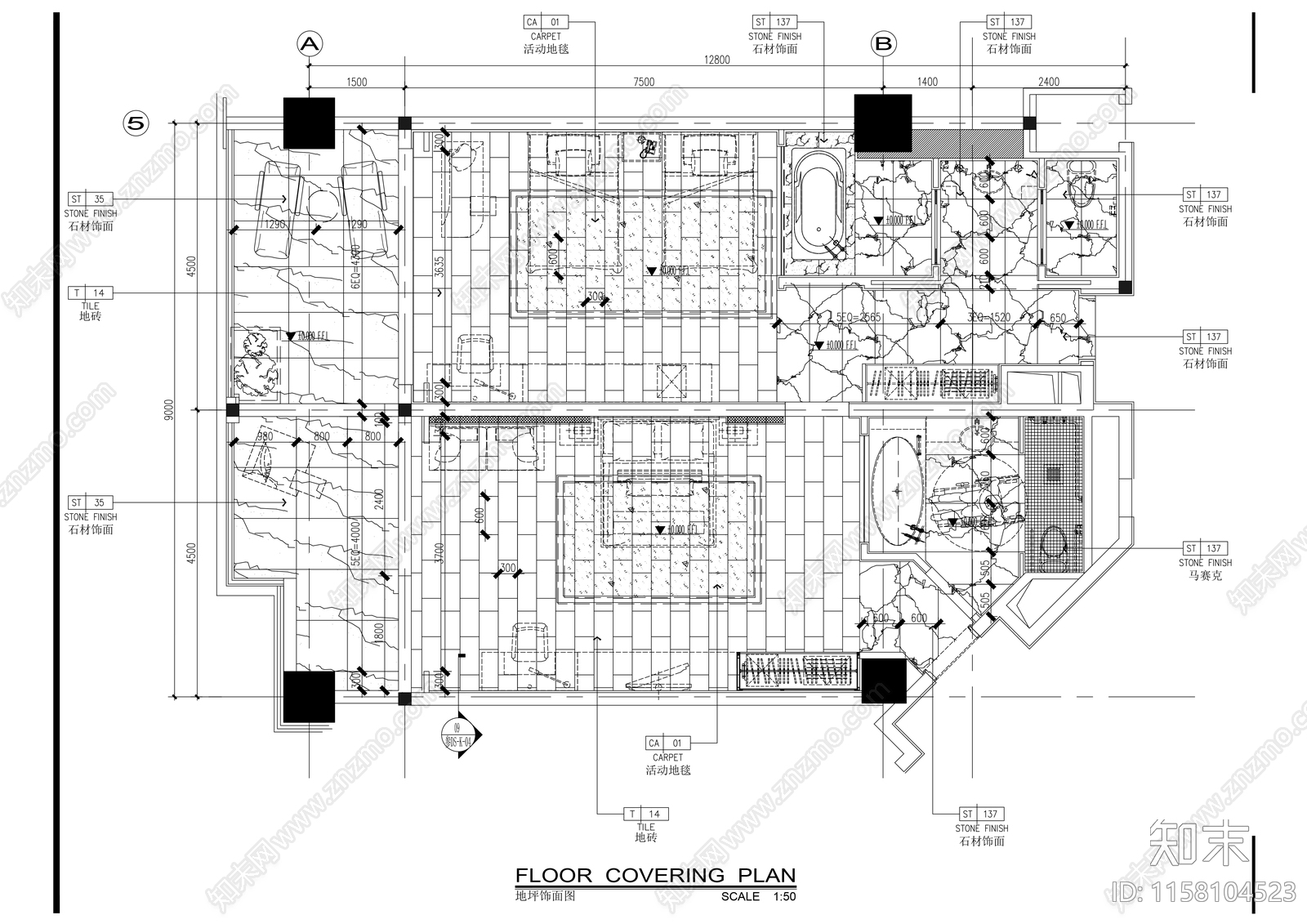 精品酒店大床房标准间双人床室内精装修cad施工图下载【ID:1158104523】