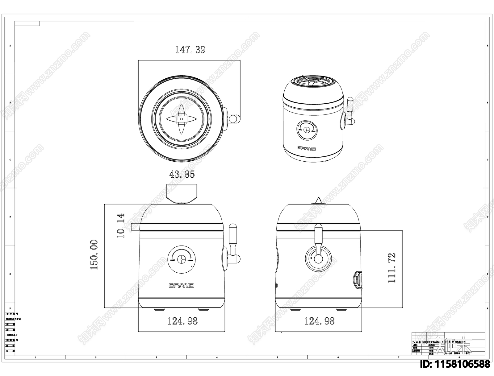 厨房电器果汁机线稿图设计cad施工图下载【ID:1158106588】
