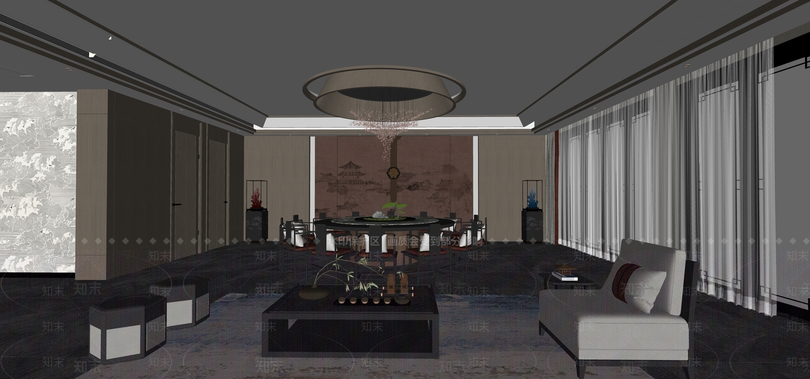 新中式中餐厅包房SU模型下载【ID:1158110685】