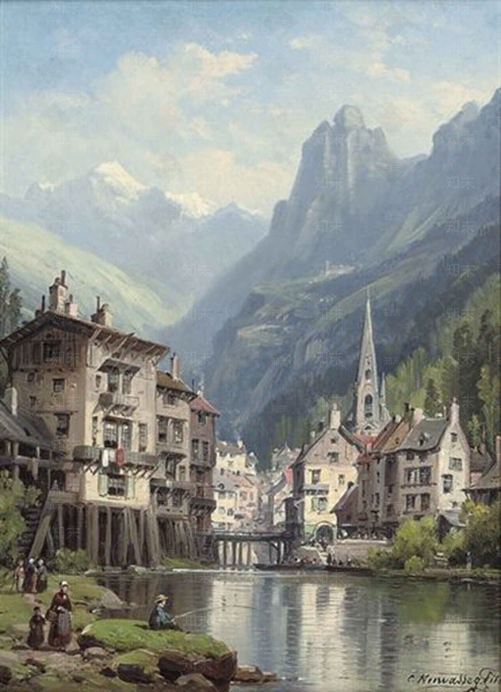 欧式建筑风景油画壁画贴图下载【ID:1158114370】