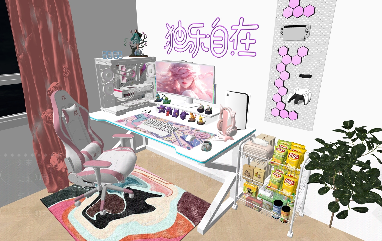 现代粉色少女电竞房SU模型下载【ID:1158296999】