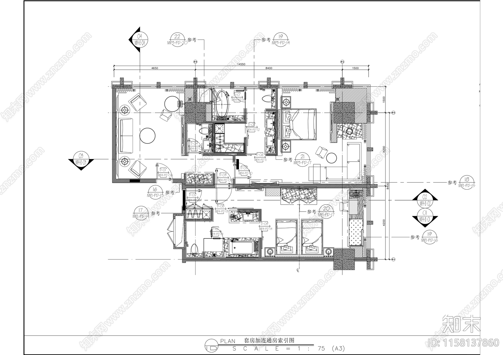 豪华酒店连通套房室内精装修cad施工图下载【ID:1158137860】