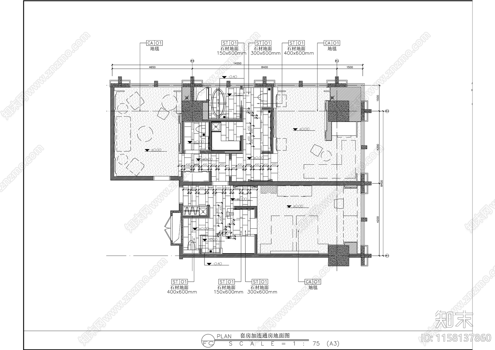 豪华酒店连通套房室内精装修cad施工图下载【ID:1158137860】