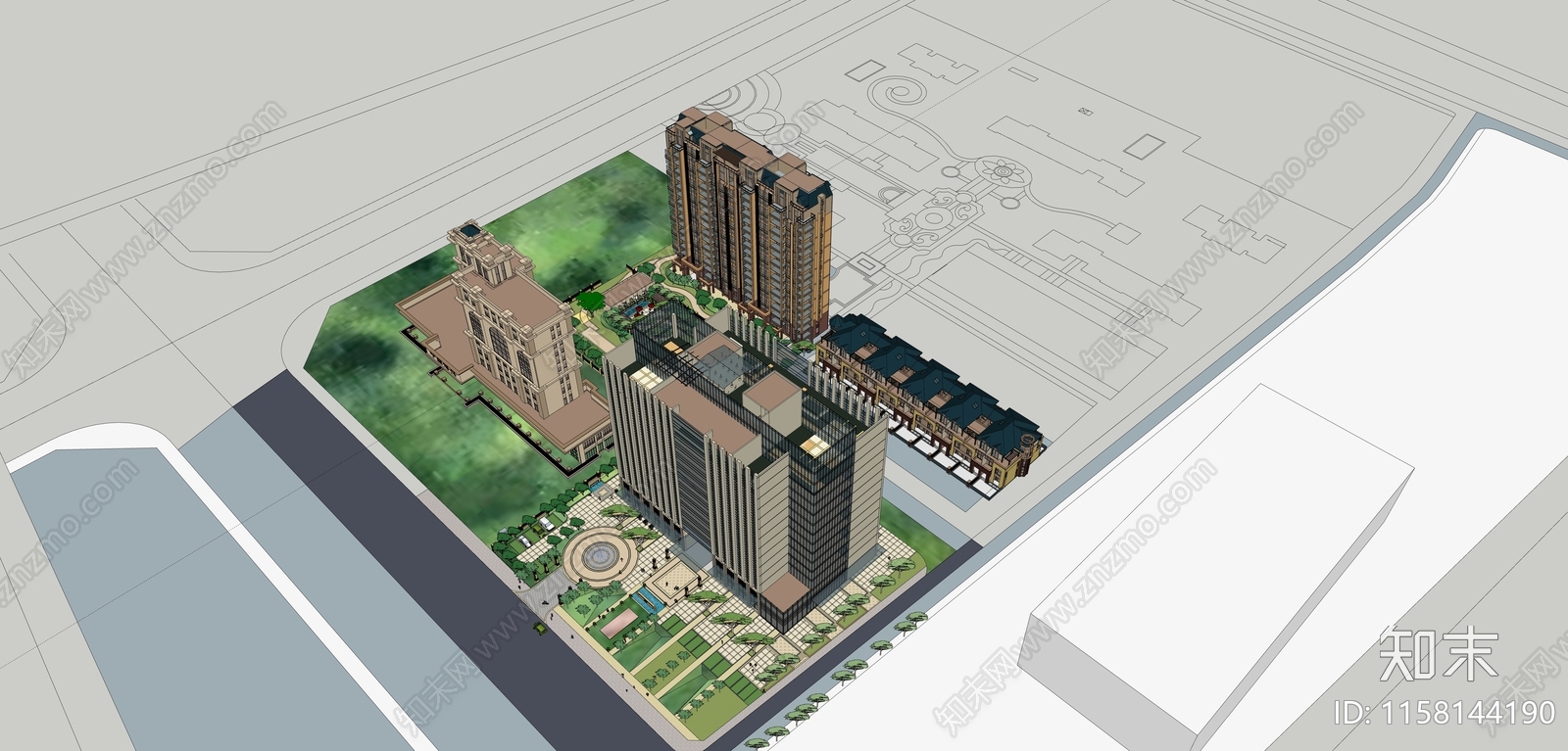 欧式办公酒店住宅别墅鸟瞰规划SU模型下载【ID:1158144190】
