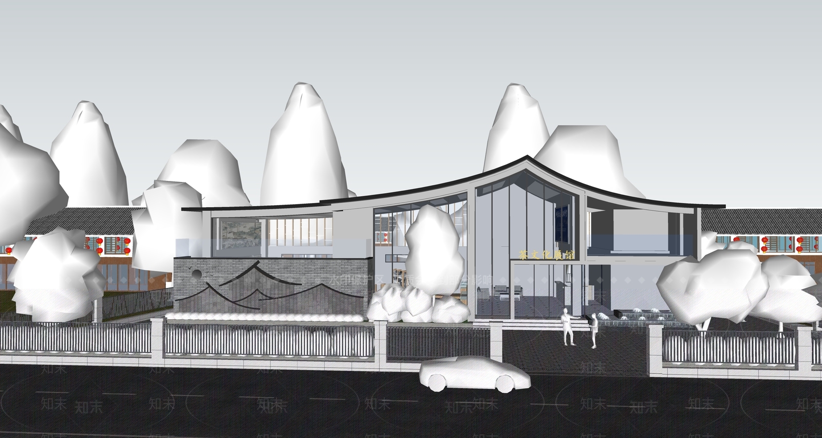 新中式茶文化展馆建筑SU模型下载【ID:1158144966】
