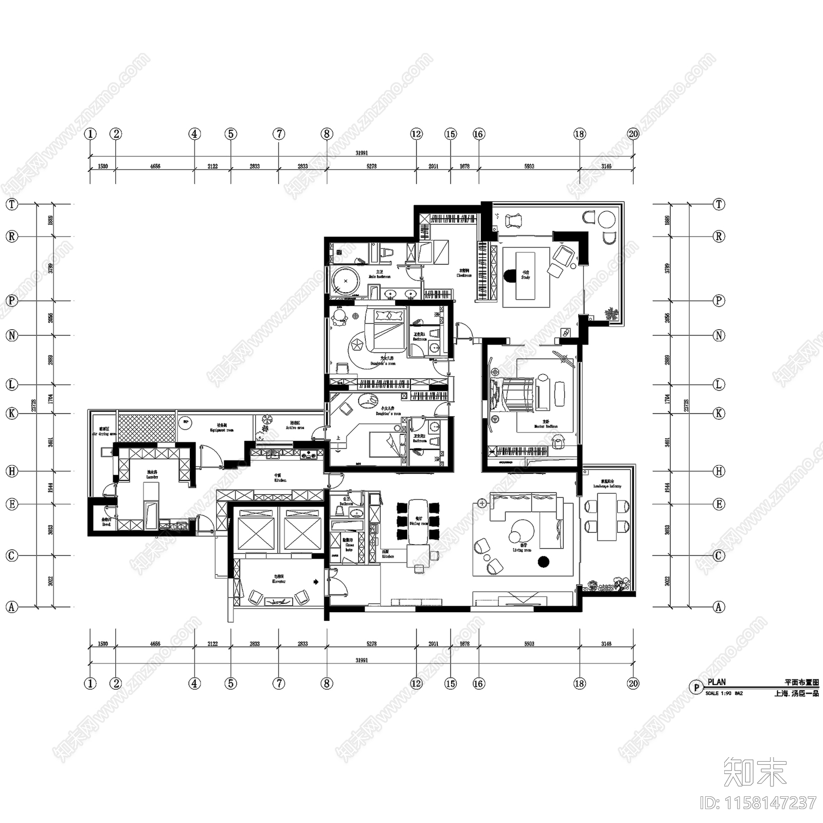 现代简约上海汤臣一品大平层室内家装cad施工图下载【ID:1158147237】