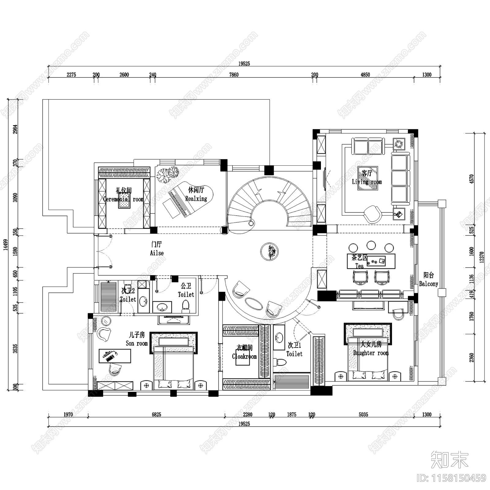 北欧现代成都麓山国际二层别墅室内家装cad施工图下载【ID:1158150459】