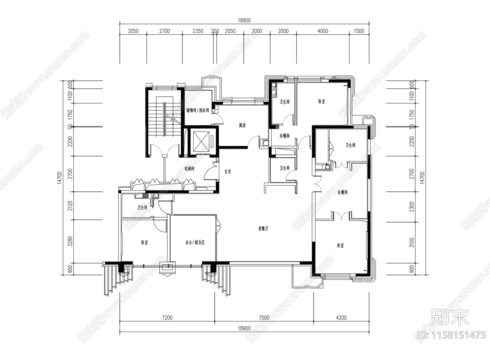 四室二厅户型图cad施工图下载【ID:1158151475】