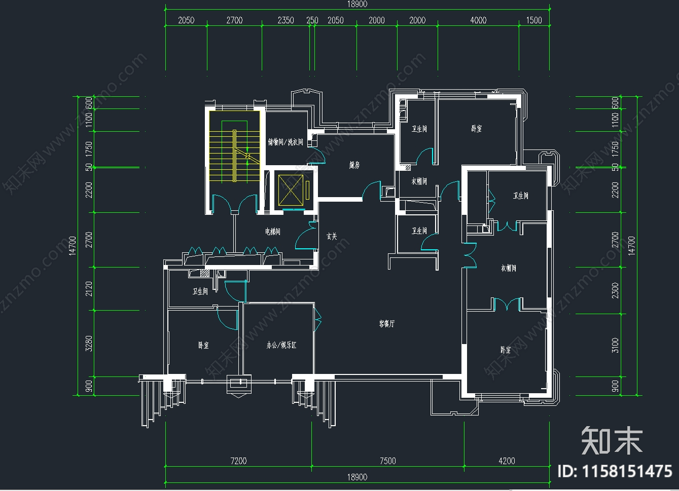 四室二厅户型图cad施工图下载【ID:1158151475】