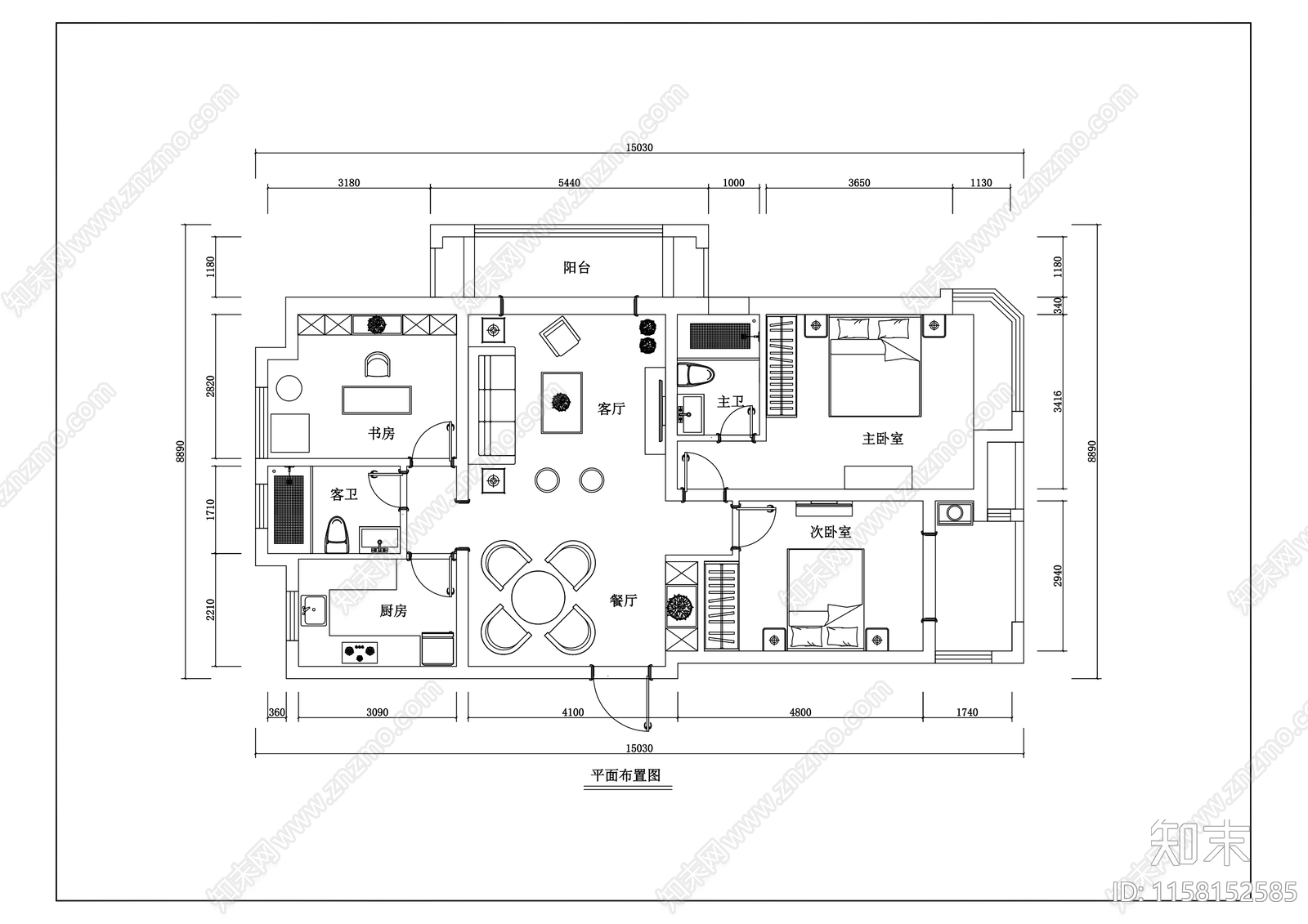 4室2厅户型图cad施工图下载【ID:1158152585】