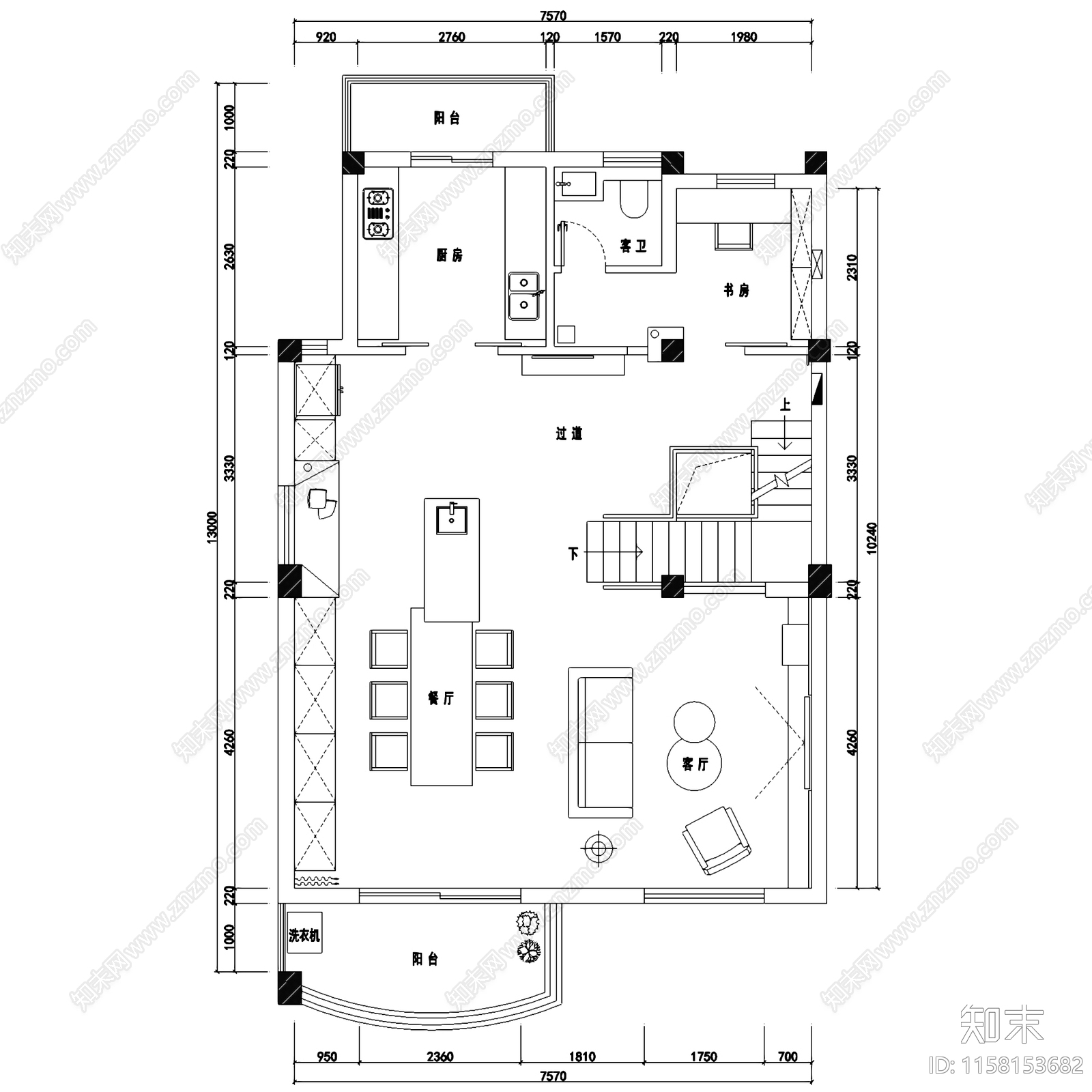 现代简约二层别墅室内家装cad施工图下载【ID:1158153682】