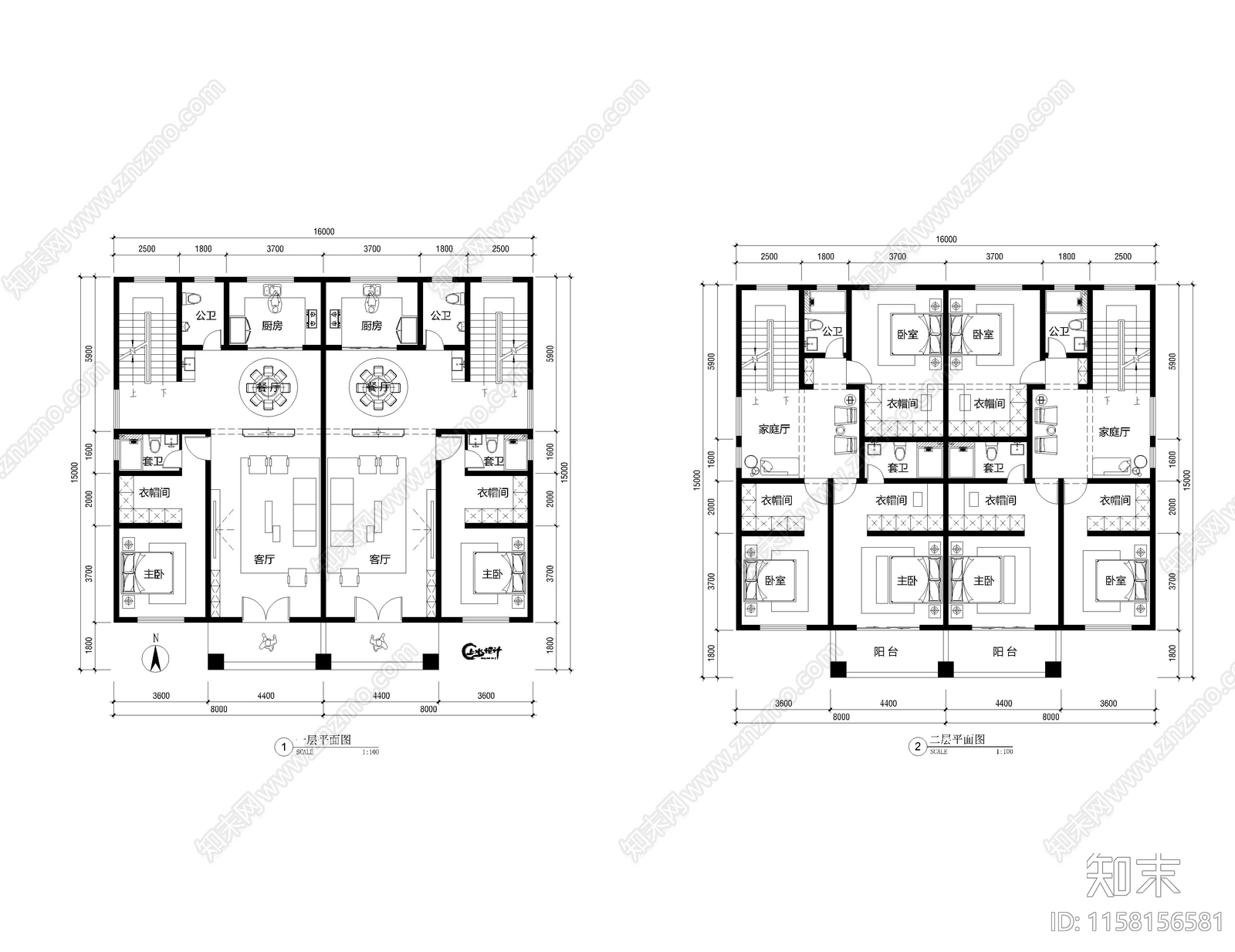 面宽16米兄弟双拼自建房cad施工图下载【ID:1158156581】